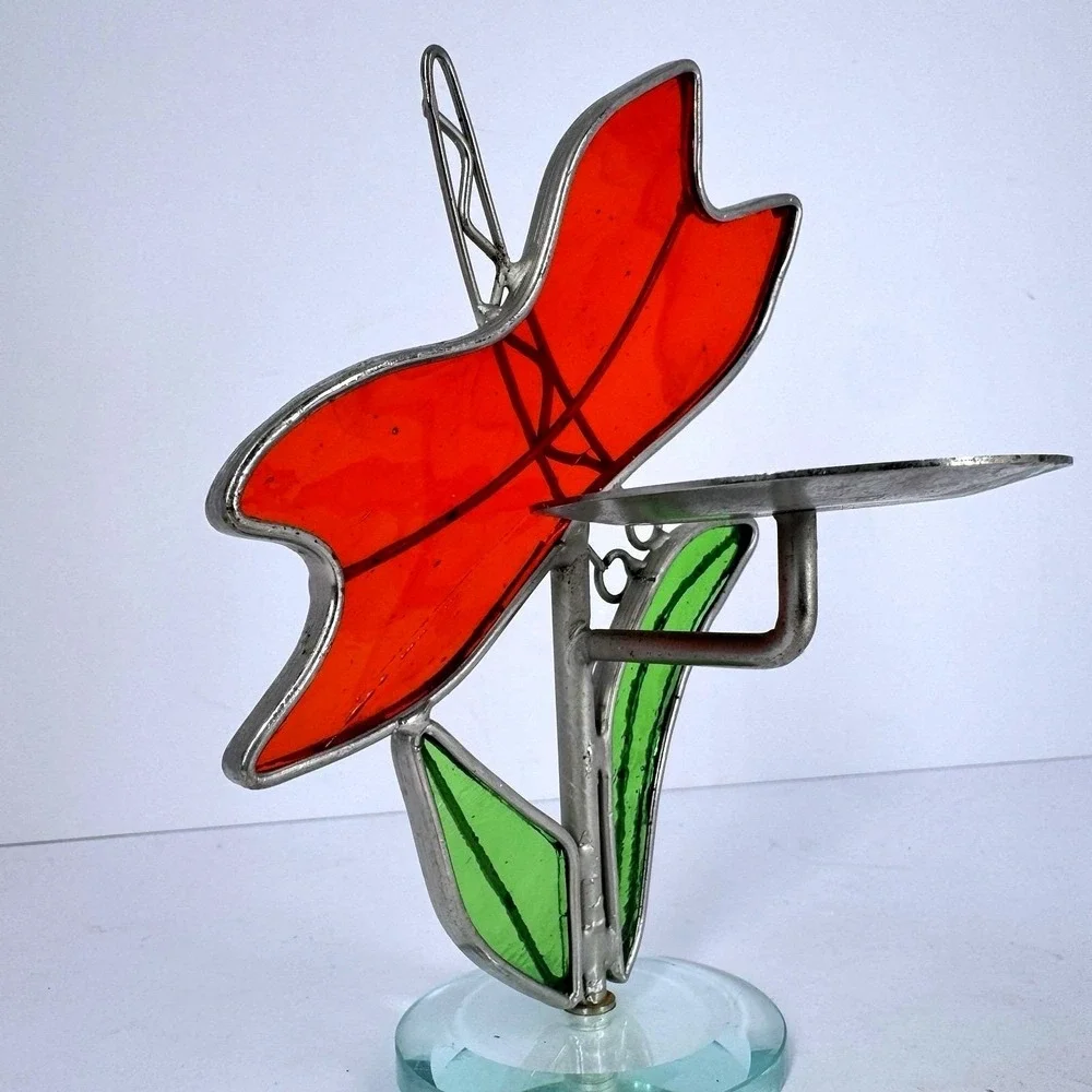 Stained Glass Flower Tealight Candle Holder Orange Red Green Suncatcher Decor‎